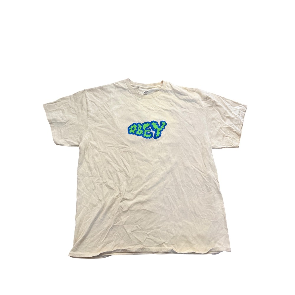 Obey Worldwide Mens XL Off White Graphic‎ T-Shirt Short Sleeve Streetwear Cream